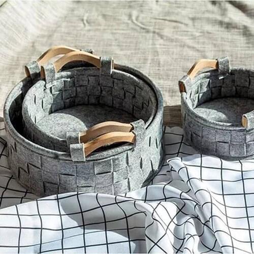 Home Desktop Storage Basket with Handle Sundries Organizer Box Solid Color Clothes Storage Box Household Felt Organizer Pouch