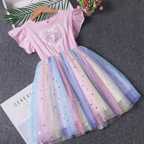 Unicorn Princess Dress Summer Girls Rainbow Stars Birthday Wedding Dresses 3-7 Years Sweet Kids Flower vestidos Children Clothes
