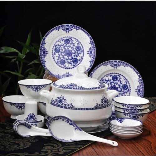 Blue and white porcelain dish set, Jingdezhen ceramic bowl 56 pieces bone china tableware household bowl and spoon