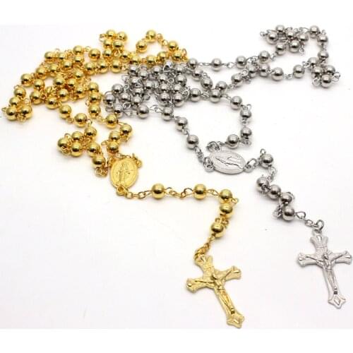 Christianity Religious Metal Beads Rosaries Gold Silver Color INRI Cross Jesus Pendants Necklaces for Men Unisex Church Jewelry