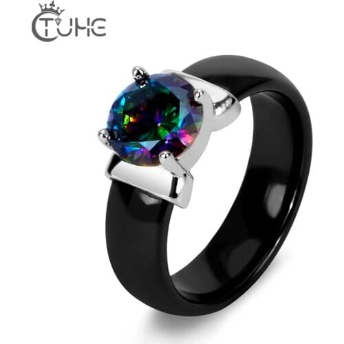 Rainbow Fire Mystic Crystal Zircon Ring White Black Innocuous Ceramic Rings Plus CZ For Women Wedding Ring Engagement Jewelry