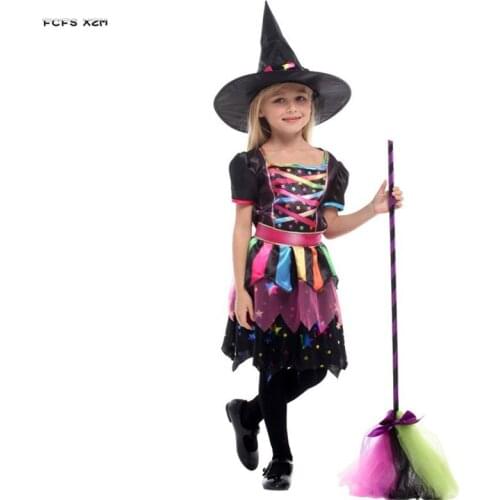M-XL New Girls Halloween Witch Costume Kids Children Magician Sorceress Cosplay Purim Carnival Stage play Masquerade party dress