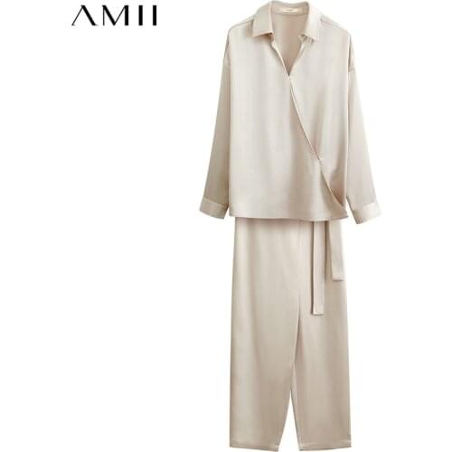 Amii Minimalism Summer Acetate Womens Blouse & Pants Offical Lady Solid Vneck Loose Womens Shirt Causal Womens Pants 12170216