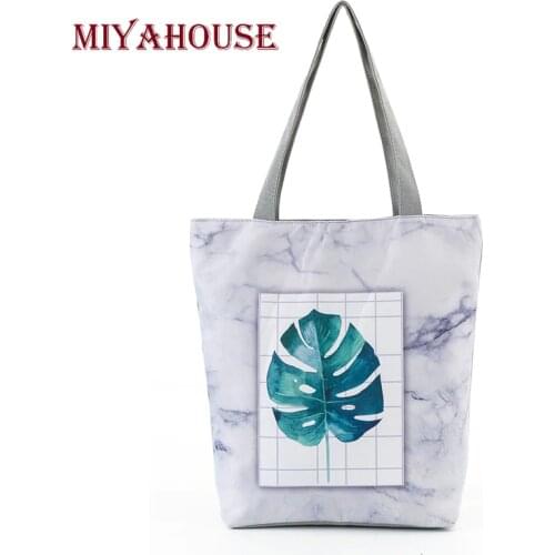 Miyahouse Women Beach Bag Green Leaves Printing Canvas Tote Bags Female Portable Shoulder Bag Fashion Summer Style Shopping Bag