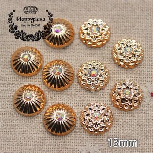 50PCS 13mm Shiny AB Stone Golden Flower Plastic Flatback Button Decoration Sewing Craft Scrapbook Accessories