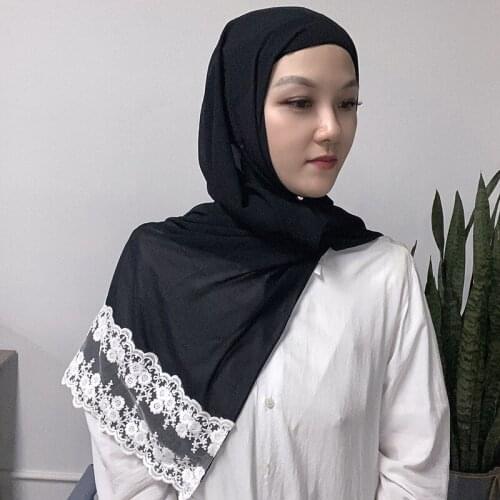 Luxury Lace Chiffon Hijab with Inner Bonnet Scarf Pin Free Instant Headband Muslim Arab Wrap Solid Color Shawls