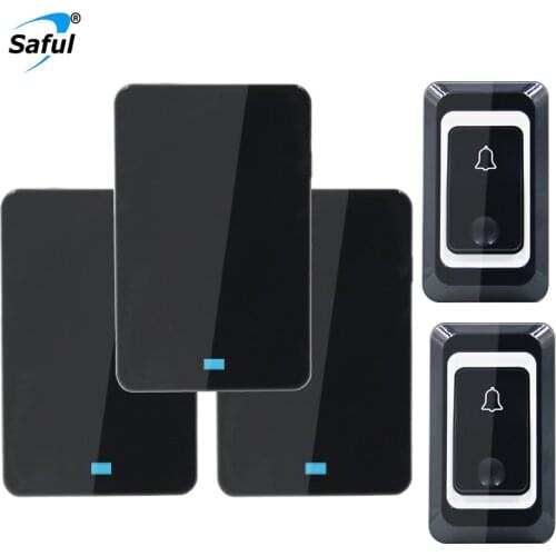 Saful EU/US Waterproof bell LED AC 100-240V 150DB electircal wireless calling bell black push button for home 2 3 receivers