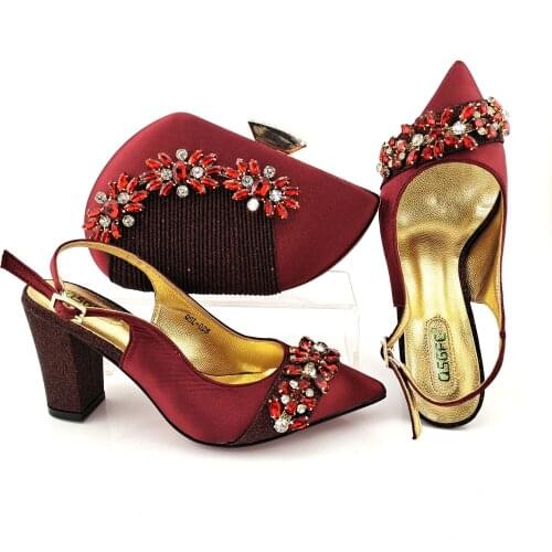Nigerian 2021 New Arrival Italian Design Elegant Ladies Shoes and Bag Set Decorated WIth Rhinestone in WIne Color for Party
