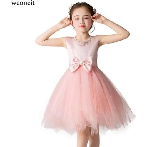 Weoneit Flower Girl Dresses for Wedding Pink White 100-160cm Kids Sweet First Communion Dresses Bowtie Ball Gown Pageant Dress