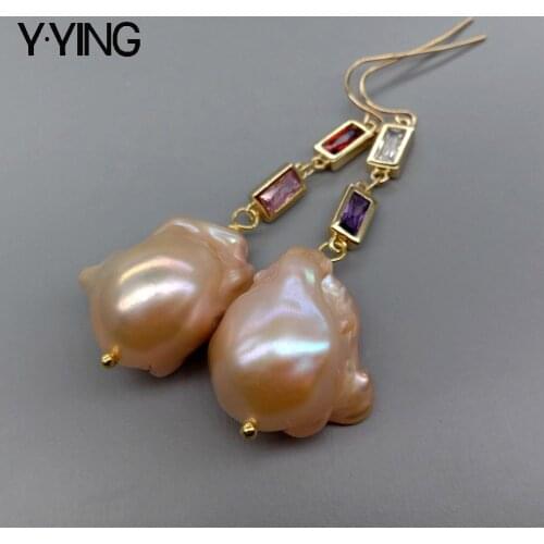 Y·YING natural Cultured Pink Keshi Pearl Cz pave Chain Dangle Hook Earrings classic for women