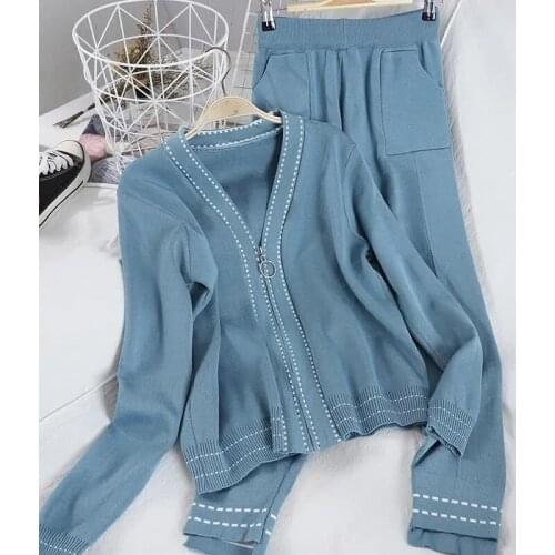 Womens Clothing Cotton Knitted Casual Sets Zipper V Neck Shirt and Long Pants Sets Female Stretch Full Sleeve Two Piece Suits