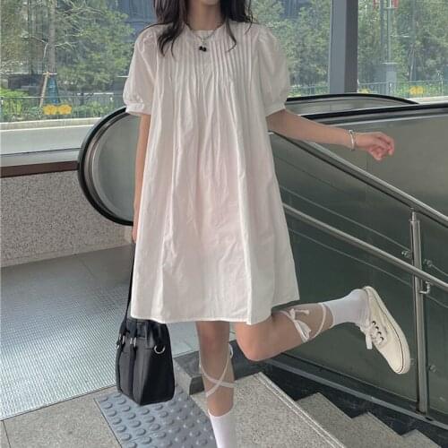 Sweet Girly Casual Shirt Dress Summer New Black White Puff Sleeve Dresses Women Solid Pleated O-Neck Single-Breasted Loose Dress