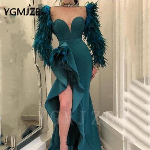 Green Mermaid Evening Dress 2019 V Neck Feather Long Sleeves High Split Sexy Dubai Saudi Arabic Formal Dress Party Prom Gown