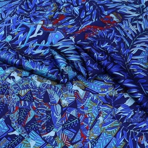 138cm*100cm Sapphire Blue Ethnic Print Natural Silk Fabric Stretch Satin Spandex