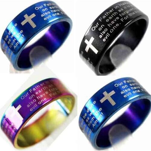 Lots 300PCS Color Mix of Lords Prayer Bible Rings Stainless Steel Cross Wedding Rings Wholesale HOT Jewelry