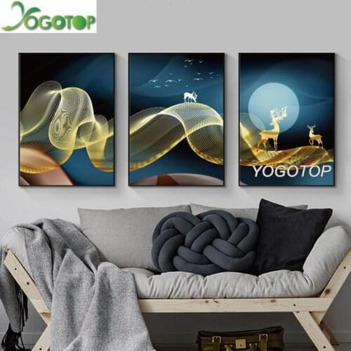 Diy Diamond Painting 5D mosaic diamond Embroidery Nordic Gold Line Elk Starry Night Illusion Abstract Wall Art 3pcs/set ML982