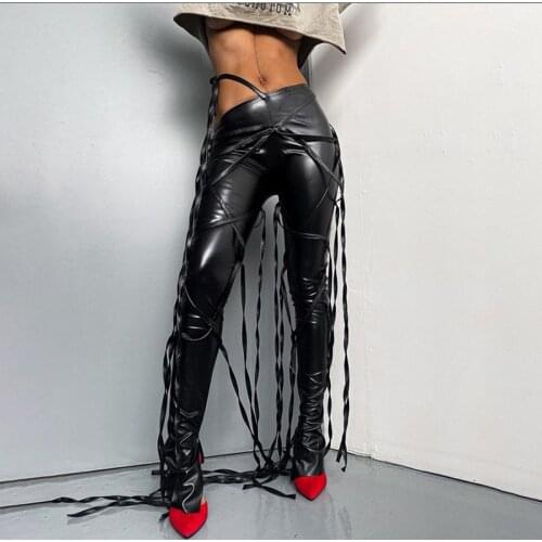 Faux Pu Leather Pants Women High Waist Elastic Sexy Night Club Outfits Female Stretch Pencil Trousers Ribbon Bandage Lace Up