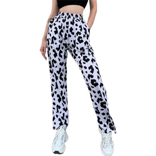 Womens Pants High-Waist Trousers Cow-Skin Pattern Casual Loose Slimming Wear Side Pockets Trousers New Loose Women Street Pants