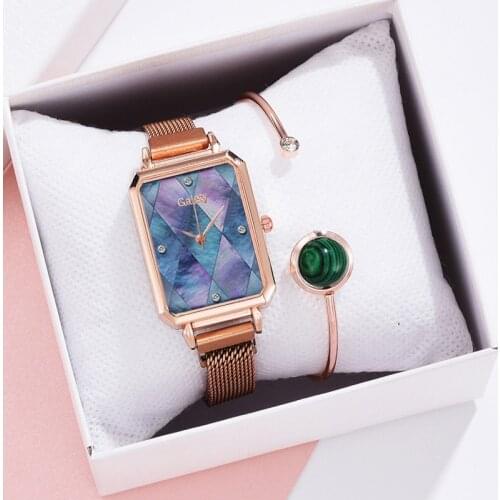 Gaiety Brand Women Watches Fashion Square Ladies Quartz Watch Bracelet Set Simple Rose Gold Magnetic Strap Quartz Women Watches