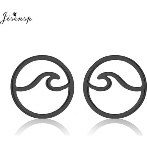 Jisensp Simple Ocean Round Stainless Steel Earrings Jewelry Wave Stud Earrings for Women Black Ear Studs bijoux femme