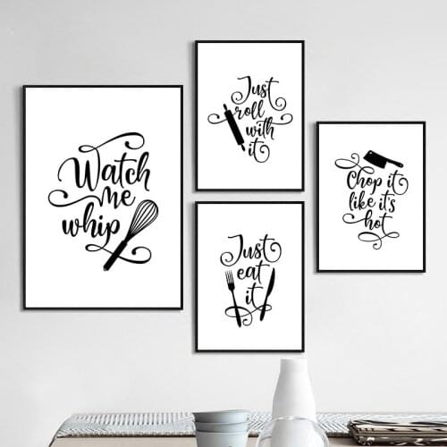 Cartoon Kitchenware Wall Art Paintings Black White Food Quotes Canvas Poster And Print Wall Picture For Kitchen Rome Decor TB18
