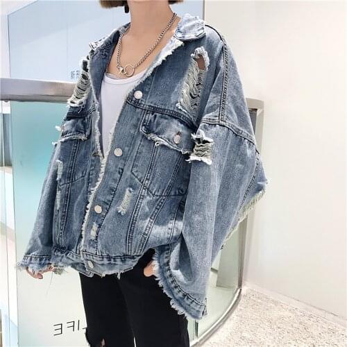 Korean Style Women Frayed Hole Tassel Denim Jackets Spring Autumn Female Blue Jean Coats BF Style Casual Loose Jacket Outerwear