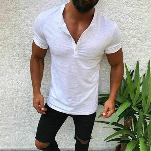 Hot Fashion Sexy Tops Button Shirt Mens Trend Casual Pullover For Man Sportwear Shirt Short Sleeve V-Neck T-Shirt Clothing