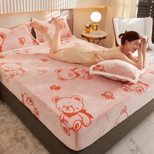 Cute Bear Bunny Single Bed Sheet Winter Keep Warm Soft Home Textile Adult Kids Bedroom Decor Non-slip Maattress Protection Cover
