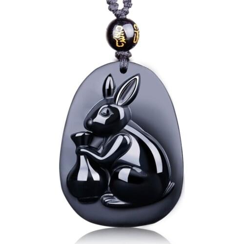 Men Necklace Pendant Black Obsidian Rabbit Holding Bottle Zodaic Rabbit Pendant Free Chain for Male Fine Jade Jewelry