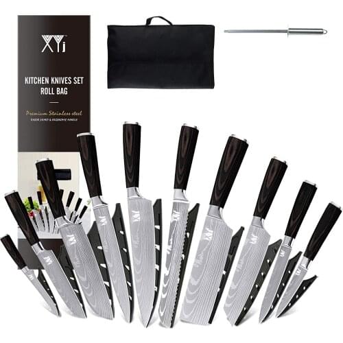 XYJ Stainless Steel Kitchen Knives Set 10 Piece Chef Knife Set with Knife Sharpening Rod Carry Case Bag & Sheath Razor Sharp
