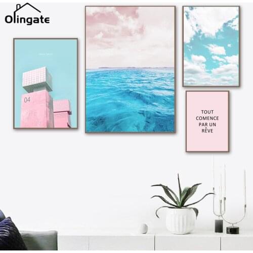 Nordic Pink Building Blue Sea Sky Cloud Wall Art Canvas Painting One Piece Posters and Prints Pictures Living Room Decor Gift
