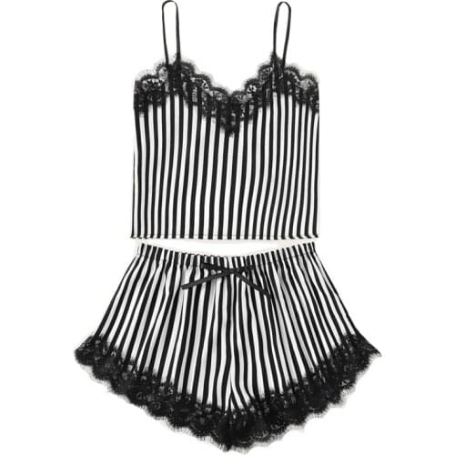 New Ladies Pajamas Suit Fashion Striped Lace Sexy V-neck Suspenders Shorts Two-piece Suit Summer Thin Casual Ladies Pajamas