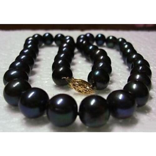 11-12mm AAA++ natural Tahitian Black Pearl Necklace 14k yellow gold clasp