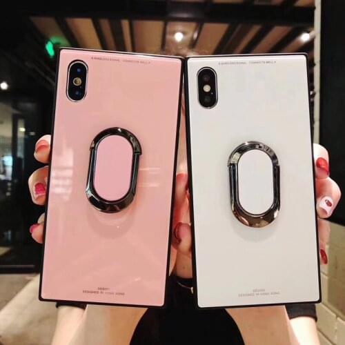 Luxury Square Tempered Glass Stand Holder Phone Case For iphoneX 6 6s 6plus 7 8 Plain Color Hard Back Cover