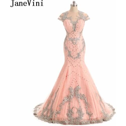 JaneVini Luxury Mermaid Long Formal Dresses Arabic Lace Beaded Pearls Prom Dress Damigelle O-Neck Illusion Bridesmaid Dresses