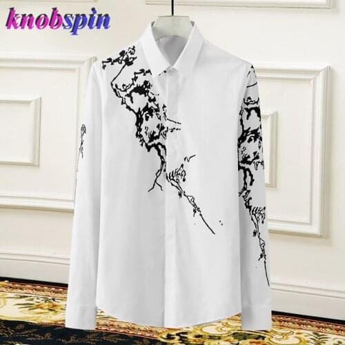 Brand Shirt men Long sleeve Slim Casual Chemise homme high quality Plum Blossoms Shadow Print Cotton Shirts Plus size M-4XL