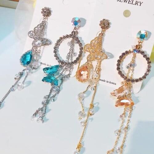 New Korea Trendy Butterfly Crystal Pendant Earrings Round Asymmetry Water Drops Tassel Earrings for Women Drop Earrings