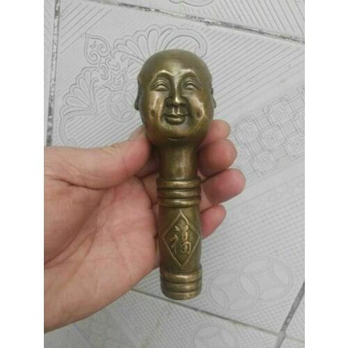 OLD COPPER HANDWORK CARVING 4 FACE BUDDHA STATUE WALKING STICK HEAD