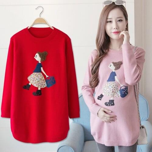 Maternity Sweaters Spring Funny Cartoon Maternity Clothing medium-long Autumn outerwear loose basic sweater For Pregnant Women