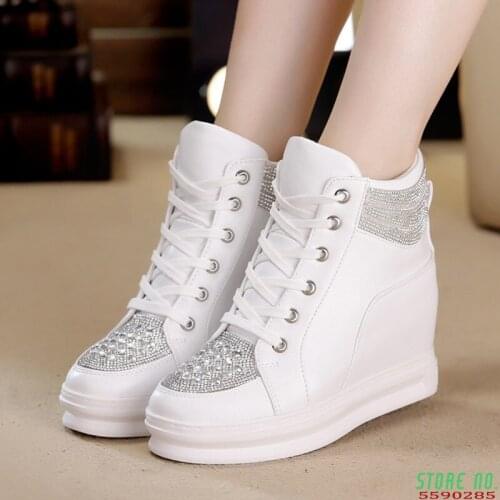 High Top White Shoes Woman Platform Rhinestone Female Fashion Casual Shoes Wedge Heel 2018 New Lady Leisure Sneakers Woman Shoe