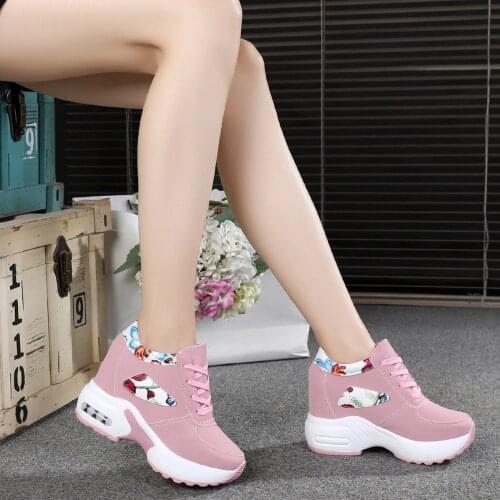 Womens High Platform Shoes 2019 Breathable PU Shoes Women Height Increasi Shoes 9 CM Thick Sole Trainers Ladies pink