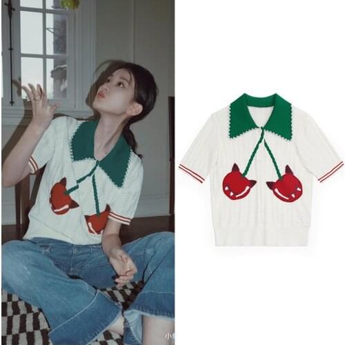 Summer Women Sweet Cherry Embroidery Knitted Tops Tees Sweaters Pullovers Short Young Ladies Sweaters Knitted Crop Tops SY128