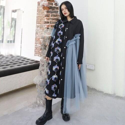 Korean Version Loose Dress 2021 Spring Autumn New Long Dreess Female Temperament Mesh Stitching Shirt Skirt Large Size