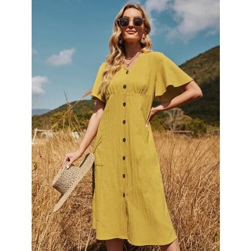 2021 Summer Dress Lotus Leaf Sleeve V-Neck Single Breasted Pure Color Dresses Midi Outdoor Outing Leisure Vacation Dress