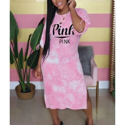 Women Tie Dye Casual Dress Pink Letter Print Drawstring Long Maxi Dresses 2020 T Shirt Dress Plus Size Straight Dress Vestidos