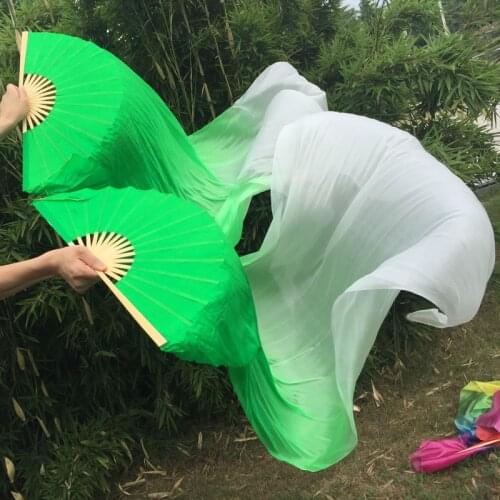 1pair=2pcs 100% real Silk dancing Fan Veils Sexy belly dance Pure real Silk Fans Props Green+White, S/ M / L size