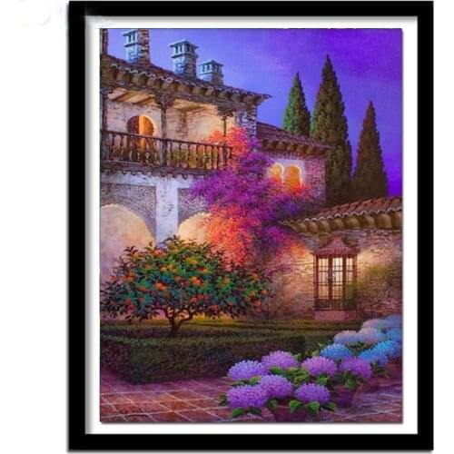 Night Scenery Flowers In Front Of The Castle Yard Diamond Painting Embroidery 5D Diy Full Square Round Mosaic Decoration