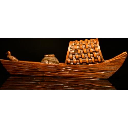 8"China Lucky Old Boxwood Hand-carved Wooden boat Osprey fishing By boat More than every year Office Ornaments Town House