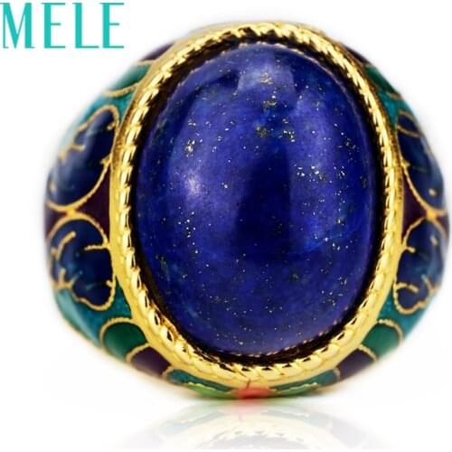 Natural Lapis lazuli 925 silver,Gold-plated rings,Oval cut 13mmX18mm, ancient times style, good quality Fire crack big ring
