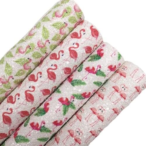 LEOsyntheticoDIY Flamingo Printed Chunky Glitter Vinyl Fabric Sheet Felt Backing Synthetic Leather Faux Vinil DIY A4 SIZE R189A